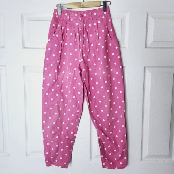 Vintage GLOB Bubblegum Pink White Polka Dot High Waisted Denim Trousers size 6 - Picture 3 of 8